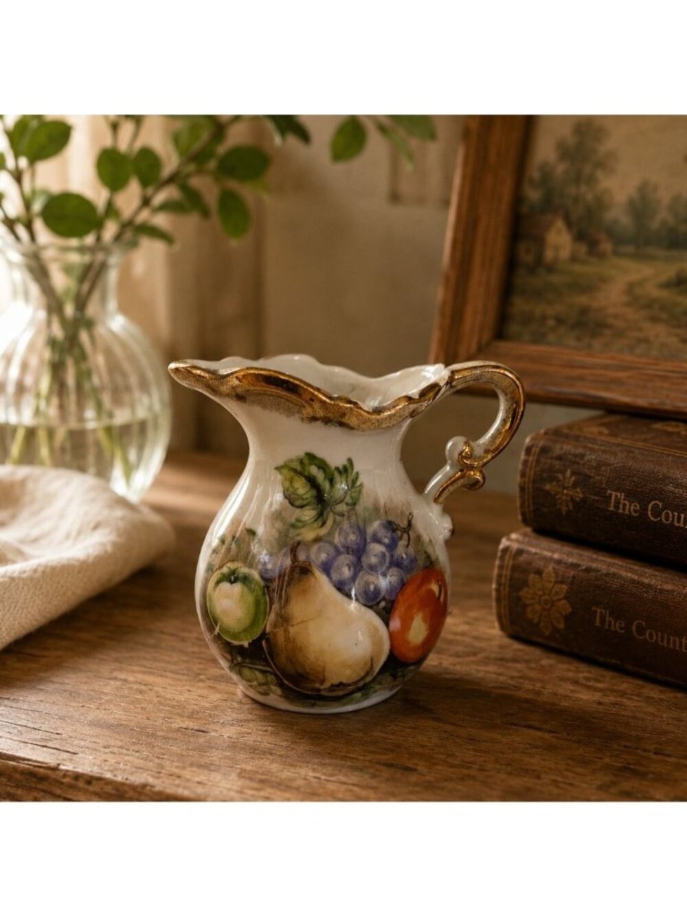Norleans Japan Porcelain Miniature Pitcher Gold Trim Fruit Design Victorian Vtg